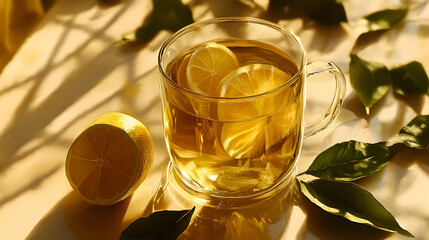 Refreshing lemon tea in glass mug with sunlit leaves
