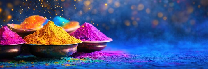 Vibrant Holi Color Powders in Bowls on Deep Blue Background for Festive Celebration Banners