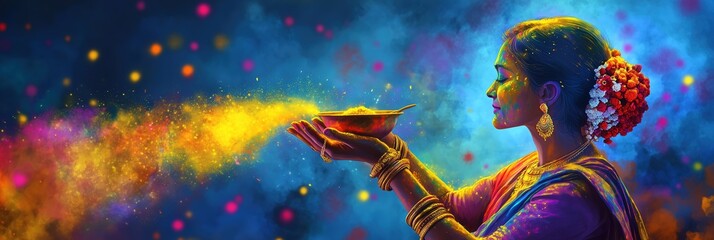 Vibrant Holi Color Powders in Bowls on Deep Blue Background for Festive Celebration Banners
