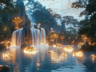 Mystical waterfall scene lit by floating lanterns in a lush forest