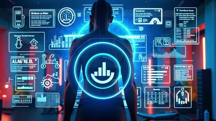 Futuristic gym scene with a person analyzing digital data and fitness metrics in a high-tech environment - Powered by Adobe