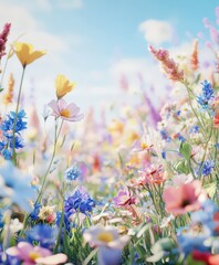Vibrant wildflower meadow in full bloom under blue sky © BrandwayArt
