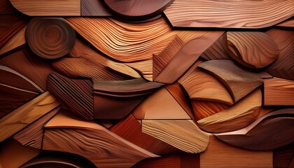 Handcrafted wooden wall art with organic, earthy textures, featuring natural wood grains and contemporary design elements