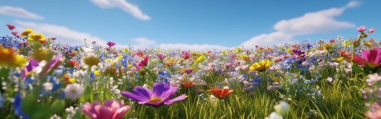 Vibrant wildflower field under a bright blue sky