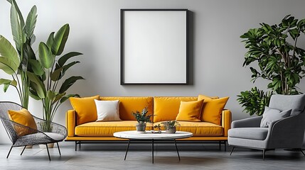 A modern living room with an empty black frame on the wall, a yellow sofa and coffee table in front of it, a grey armchair, plants, and a white background. 