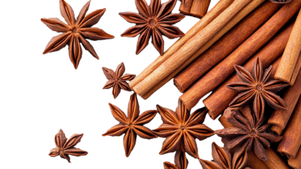 "Cinnamon sticks with star anise pods artfully arranged, isolated on transparent background, evoking cozy vibes and rich flavors."