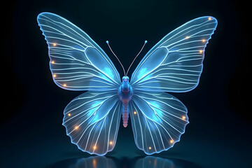 A glowing, blue butterfly with intricate translucent wings, set against a dark background, creating a mesmerizing and ethereal visual effect.