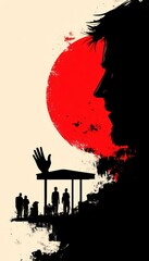 Naklejka premium Silhouette figure, red sun, and gathering people