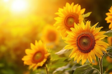 Fototapeta premium Bright sunflowers basking in warm sunlight during golden hour