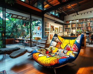 Modern art-filled home office with outdoor access