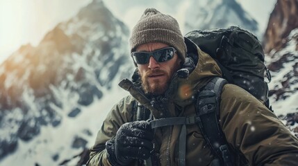Fototapeta premium A determined adventurer braves the cold, trekking through snow-covered mountains. His gear includes a warm jacket and backpack, showcasing resilience amid breathtaking snowy peaks