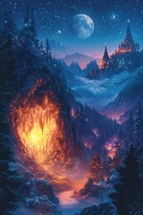 Mountain valley at night, glowing cave entrance