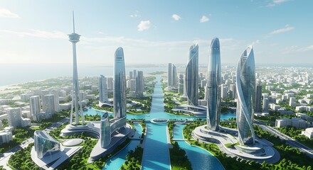A futuristic city skyline with stunning skyscrapers and lush green spaces.
