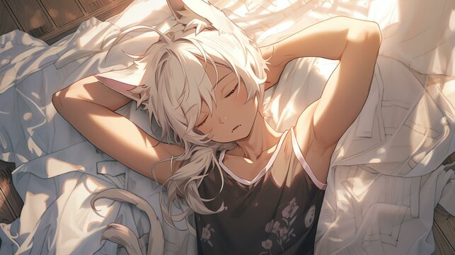 Young Man with Cat Ears Sleeping