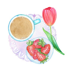 Watercolor png illustration: romantic breakfast, coffee, cappuccino, latte, strawberries, tulip flower, aesthetics on a round lace napkin. Hand drawn composition of objects on transparent.