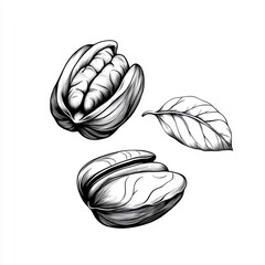 Fototapeta premium Continuous line art drawing of pecans, isolated on a white background.
