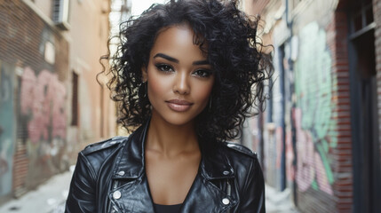 Obraz premium A young woman stands confidently in an urban alley. She has beautiful curly hair and wears a stylish leather jacket. Colorful street art decorates the brick walls around her