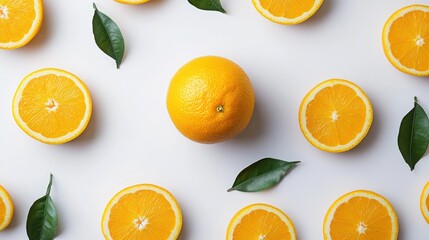 Fresh oranges & leaves on white background; food photography for recipe blogs