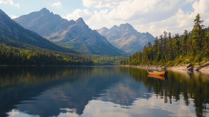 Fototapeta premium A serene lake surrounded by towering mountains features calm waters that mirror the landscape. An orange canoe rests quietly on the lake, inviting exploration in the tranquil setting