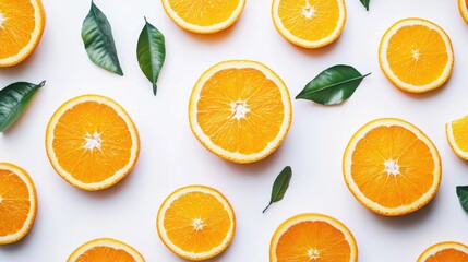 Sliced oranges, leaves, white background; healthy food flatlay