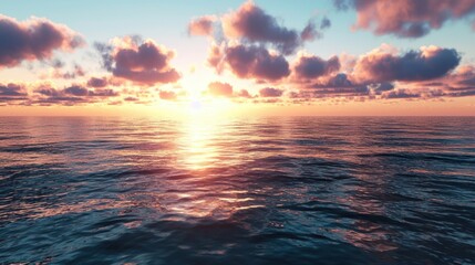 Obraz premium Golden sunlight casts a warm glow on the tranquil ocean, while puffy clouds drift through the pastel sky. This peaceful coastal moment invites reflection and appreciation of nature's beauty