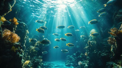 Sunlight streams through underwater coral reef teeming with fish