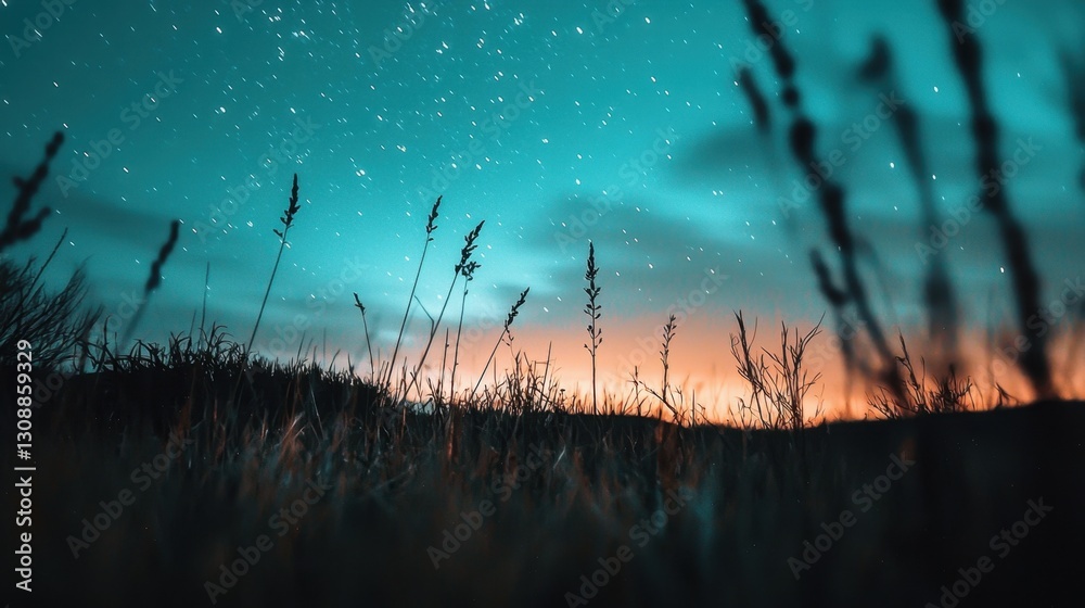 Wall mural a tranquil evening showcases a stunning view of a starry sky above a grassy field. the soft glow of 