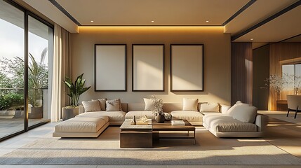 A modern living room with three blank poster frames on the wall, soft neutral tones, natural lighting, minimalist decor, a comfortable seating arrangement,
