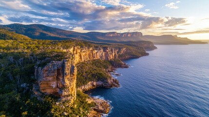 Stunning cliffs rise dramatically from the ocean as the sun sets, casting golden hues over the water and illuminating the abundant vegetation along the coastline in Tasmania