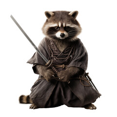 a sneaky racoon dressed as a ninja holding a tiny katana sword transparent background 