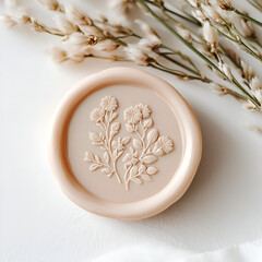 Botanical sealed wax stamp with delicate floral design next to dried flower sprigs. Monochromatic palette.