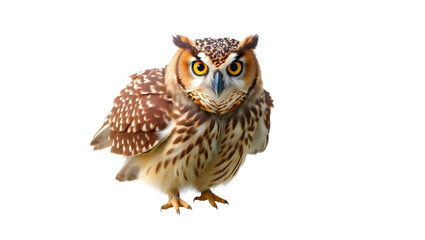 a stunning owl, standing proudly, gazing intently at the viewer. The owl has intricately patterned brown feathers and piercing yellow eyes