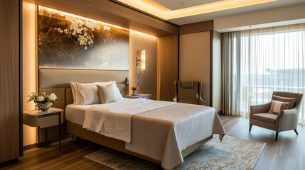 A beautifully designed hotel room features a cozy bed, soft lighting, and stylish furniture. Large windows allow ample natural light, creating a welcoming atmosphere for guests