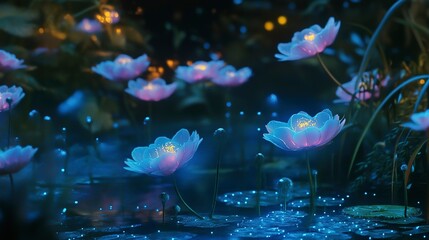 Fototapeta premium Floating garden glowing with bioluminescent flowers, soft music drifting in the wind
