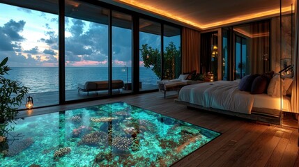 Obraz premium A stylish bedroom features a glass floor showcasing a stunning coral reef below, framed by floor-to-ceiling windows. A peaceful ocean view enhances the tranquil atmosphere