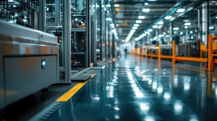Obraz premium A spacious industrial facility features advanced machinery and a clean, shiny floor stretching into the distance. Workers are seen in a well-lit environment, focusing on production