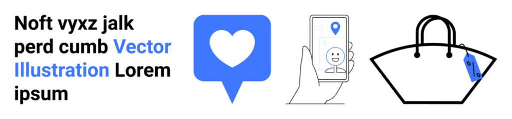 Heart inside chat bubble, smartphone with geolocation pin and user profile, and handbag with tag. Ideal for e-commerce, navigation, communication, marketing, branding, technology flat landing page