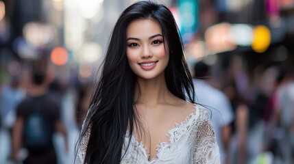 Obraz premium A young woman with long dark hair smiles brightly while strolling through a bustling city street filled with pedestrians. The scene showcases urban life in full swing