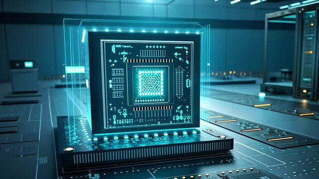 Futuristic quantum computer chip glowing in a high-tech lab with digital screens in the background