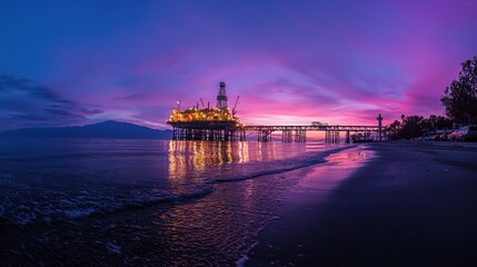Sunset casts brilliant hues over an offshore oil rig surrounded by calm waters. The sky transitions from blue to purple, creating a stunning backdrop for the scene