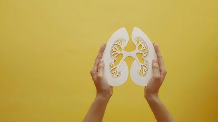 Adult hands hold paper lungs against yellow background. Symbol of respiratory health awareness. Focus on lung care, prevention of diseases like lung cancer, COPD. Awareness concept for World