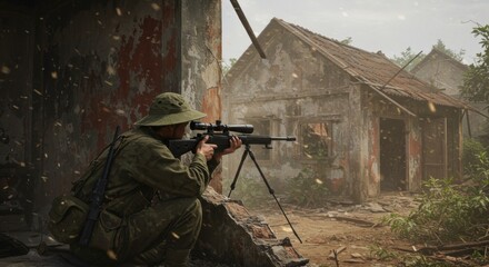 Fototapeta premium Soldier in military gear aiming a sniper rifle amidst ruins of a weathered village with foliage