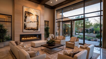 A sleek modern living room features large windows that open to a beautiful outdoor space. Cozy furniture and a fireplace create a warm atmosphere in the evening light