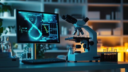 Fototapeta premium Advanced Lab Setup with Microscope and Digital Data Display 