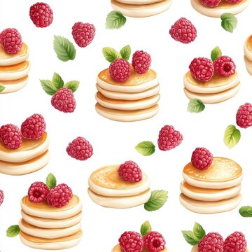 Seamless watercolor pattern of raspberry pancakes isolated on a white background, adding a creative and artistic touch.