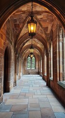 Obraz premium Ancient stone archway hallway, lantern light, sunlight, campus