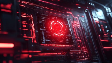 Obraz premium A close-up view of a futuristic, glowing red circuit pattern, emphasizing technology and digital elements in a dark, high-tech environment.