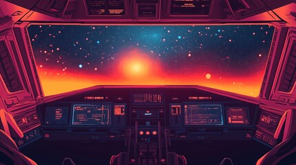 A retro-futuristic spaceship cockpit overlooking a galaxy warp