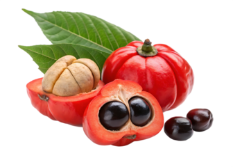 Fresh Guarana Fruit with Seeds and Leaves – Isolated on White Background – Transparent PNG – AI Generated
