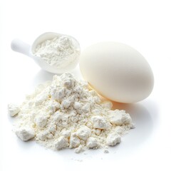 Egg powder with whole egg and scoop of powdered egg on white background.